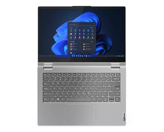 Overhead shot of Lenovo ThinkBook 14s Yoga Gen 3 2-in-1 in Mineral Grey, open 180° showing display & keyboard. 