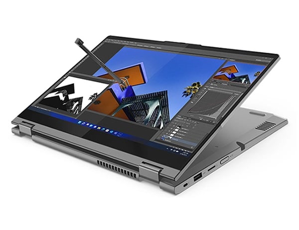 Mineral Grey, Lenovo ThinkBook 14s Yoga Gen 3 2-in-1 positioned in tablet mode with included pen floating on the touchscreen.