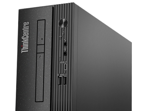 Close-up of the top portion of the distinctive front bezel of the ThinkCentre Neo 50s Gen 4 SFF, showing the distinctive logo and numerous front ports.