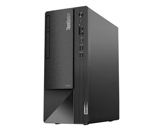 ThinkCentre Neo 50t Gen 4 (Intel) business tower viewed from front-right corner at low angle
