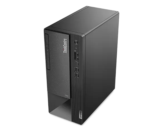 The front and right sides of theThinkCentre Neo 50t Gen 4 (Intel) business tower, viewed from a high angle