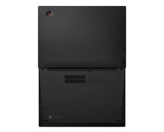 Overhead shot of Lenovo ThinkPad X1 Carbon Gen 11 laptop open 180 degrees, showing bottom & top cover in Deep Black. 