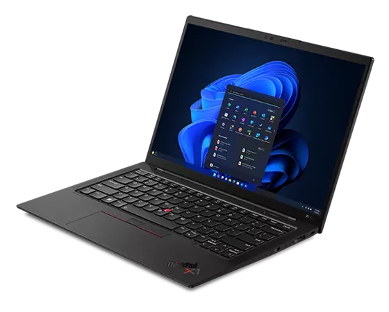 Bovenaanzicht van de Lenovo ThinkPad X1 Carbon Gen 11-laptop, 90 graden geopend en onder een hoek geplaatst met zicht op de poorten aan de rechterkant.