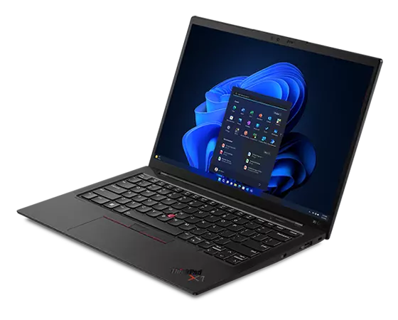 Bild ovanifrån av den bärbara datorn Lenovo ThinkPad X1 Carbon Gen 11 uppfälld 90 grader, något vinklad för att visa portarna på höger sida.