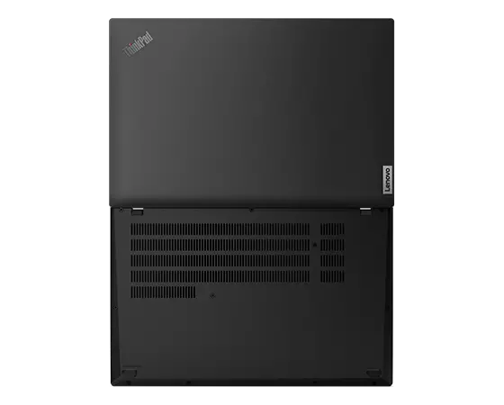 Lenovo ThinkPad L14 Gen 4 (14” AMD) laptop – rear view from below, lid open 180 degrees