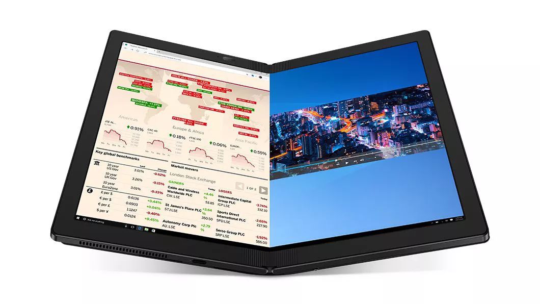 Lenovo ThinkPad X1 Fold presqu’ouvert à 180° - vue en mode Paysage