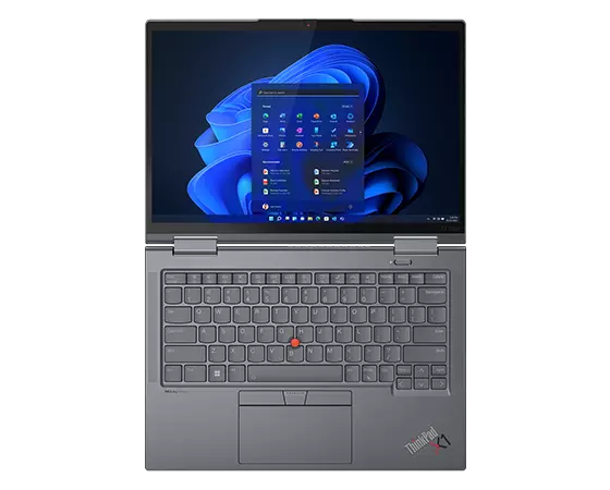 Yläkuva Lenovo ThinkPad X1 Yoga Gen 8 2-in-1 -laitteesta 180 astetta avattuna ja ylöspäin suunnattuna, näkyvissä näppäimistö ja näyttö.