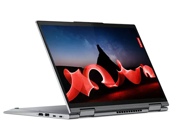 Lenovo ThinkPad X1 Yoga Gen 8 2-en-1 en mode support, présentant l’écran OLED de 14 pouces.