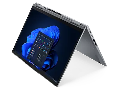 Lenovo ThinkPad X1 Yoga Gen 8 2-in-1 laptop in Tent mode, angled to show left-side ports.