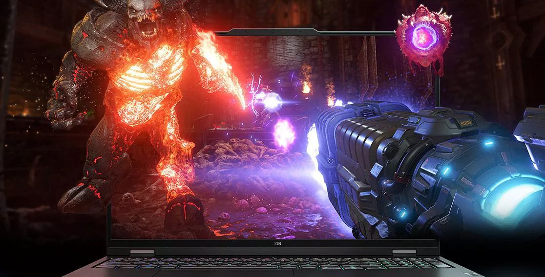 Legion Pro 7i Gen 8 16 Intel with Doom gameplay exploding from screen