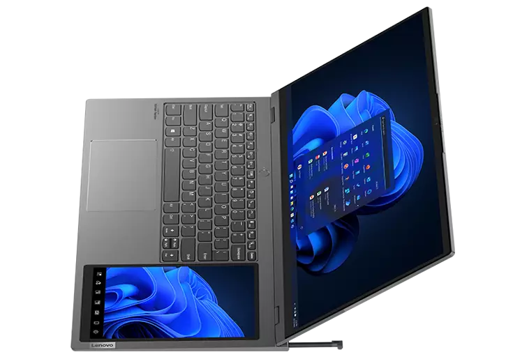 Lenovo ThinkBook Plus Gen 3 with 17.3 main display showing blue swirling shapes and windows 11