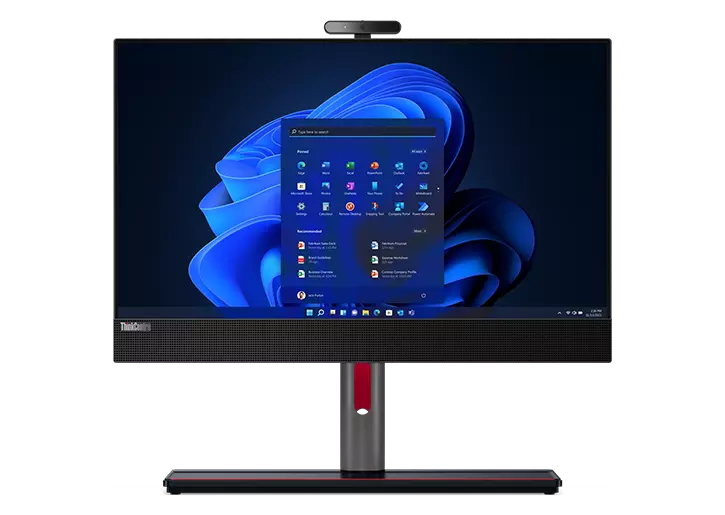 Front facing ThinkCentre M90a Gen 3 AIO on Full Function Monitor Stand, showing monitor