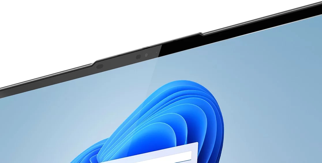 Close-up of the top part of the display on Yoga 9i Gen 8 2-in-1 laptop, Oatmeal color, showing user-facing camera & part of display