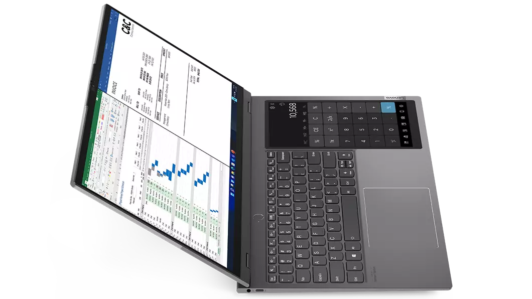Thumbnail: Top view of Lenovo ThinkBook Plus Gen 3, opened, showing main and secondary screens, with charts and figures