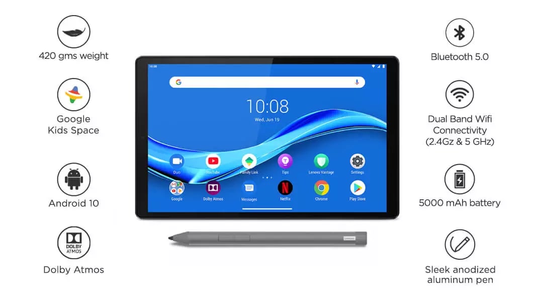  Lenovo Smart Tab M10 Plus, FHD Android Tablet, Alexa-Enabled  Smart Device, Octa-Core Processor, 64GB Storage, 4GB RAM, Wi-Fi, Bluetooth,  Platinum Grey : Electronics