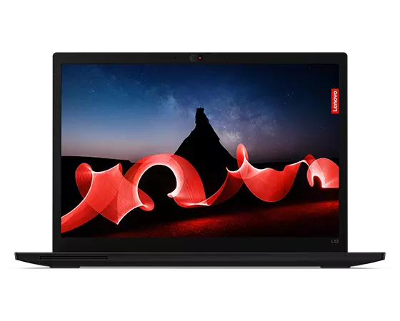 Vista anterior do Lenovo Thinkpad L13 (4.ª geração) em modo de portátil, a mostrar o seu ecrã de 13" (33,02 cm) colorido.