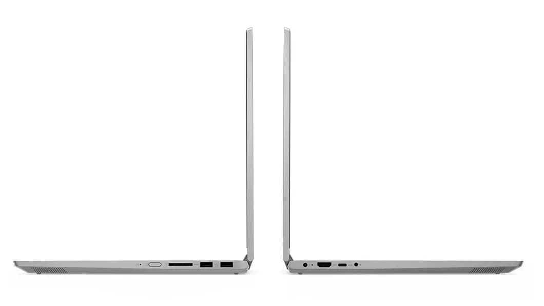 Zijaanzicht van twee IdeaPads C340 (15'') laptops in geopende stand met de ruggen tegen elkaar