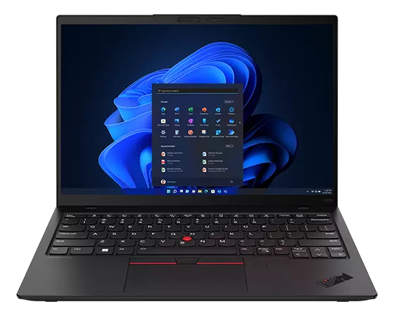 Vue avant du portable Lenovo ThinkPad X1 Nano Gen 3 de 13 pouces présentant le menu Démarrer Windows 11 Pro.