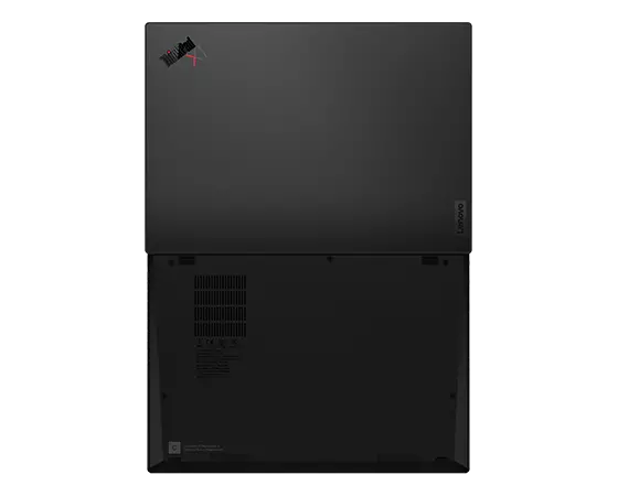 Bottom & top covers on the Lenovo ThinkPad X1 Nano Gen 3 laptop open 180 degrees. 