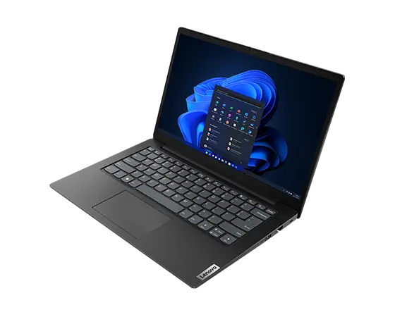 A Lenovo V14 Gen 4 (Intel) laptop in Business Black, viewed at a high angle from the front-right corner