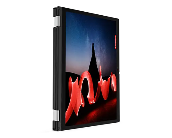Lenovo Thinkpad L13 Yoga (4.ª geração) posicionado na vertical em modo de tablet.