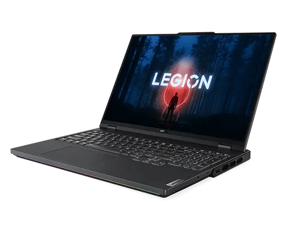 Lenovo Legion Pro 7 Gen 8 (16" AMD) Gaming-Notebook, Ansicht von rechts, geöffnet, mit Blick auf das Display mit Legion und Lenovo Logo, die Tastatur und die Anschlüsse auf der rechten Seite