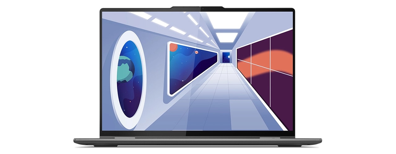 Vue avant de l'ordinateur portable Yoga 7i Gen 8 avec écran allumé