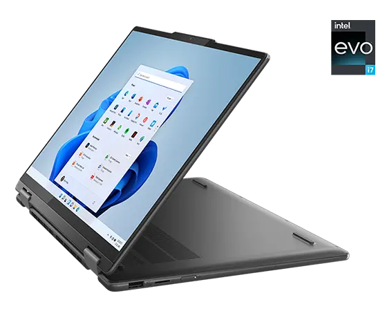 Yoga 7i Gen 8 laptop in presentation mode with display on