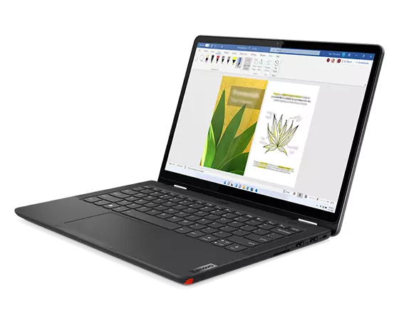 Lenovo 13w Yoga Gen 2 (13" AMD) bærbar 2-i-1-computer - set forfra fra højre i bærbar tilstand, med åbent låg og en skærm, der viser billedredigeringssoftware med et billede af, hvad der ser ud til at være en agaveplante