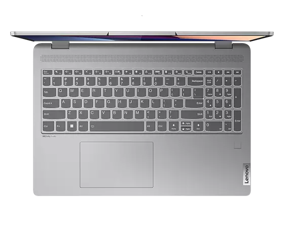 Tastaturet på IdeaPad Flex 5i i Artic Grey sett ovenfra, i bærbar PC-modus.