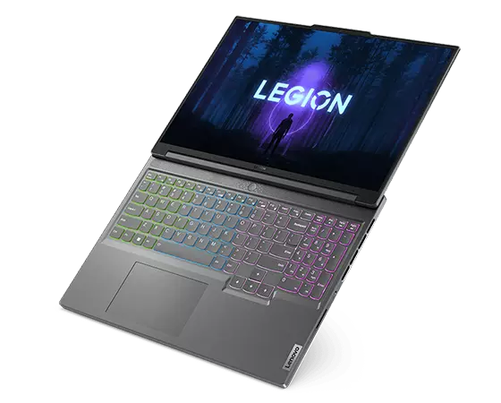 Storm Grey Legion Slim 5i Gen 8 laptop with RGB keyboard in 180-degree mode