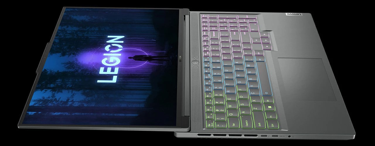 Close-up of Legion Slim 5i Gen 8 laptop display and RGB keyboard