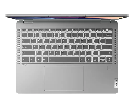Bovenaanzicht van het toetsenbord op de Arctic Grey IdeaPad Flex 5i in de laptopstand.
