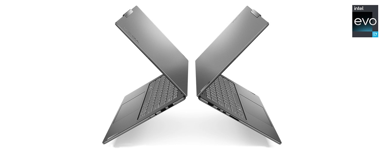 Vues gauche et droite du Lenovo Yoga Pro 9i Gen 8 (14 Intel) ouvert à 90 degrés, dans une composition en forme de X