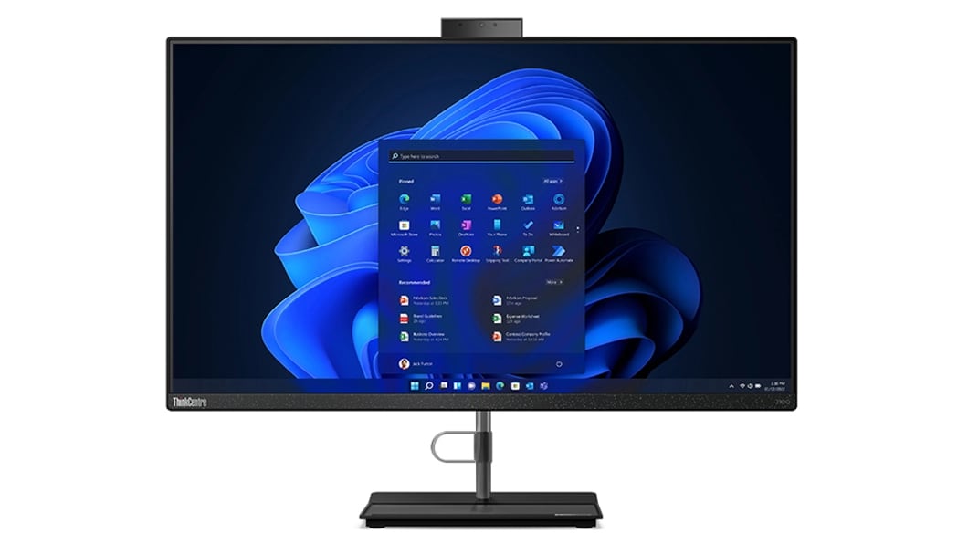 Vorderansicht des ThinkCentre Neo 30a (27 Zoll Intel) All-in-One-PCs mit Blick auf das Display mit Windows 11 Start und Bildschirmständer