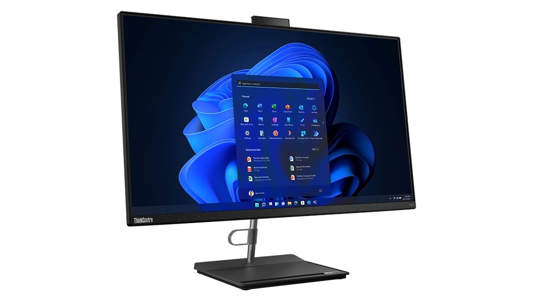 Right-facing ThinkCentre Neo 30a  (27" Intel) all-in-one PC, showing display with Windows 11 start-up & monitor stand, and left side