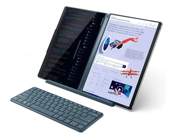 Yoga Book 9i Gen 8 (13″ Intel) propped up on folio stand in book mode