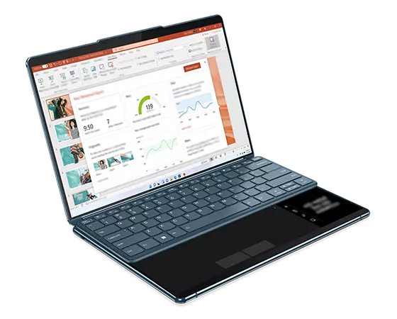 Yoga Book 9i Gen 8 (13″ Intel) front-facing right with Bluetooth® keyboard attached to lower display.