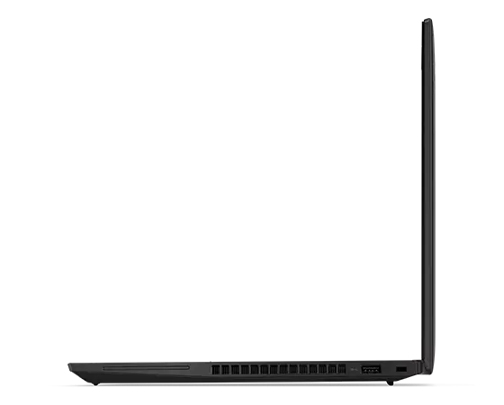 Lenovo ThinkPad T14 Gen 4 Notebook, rechtes Seitenprofil, um 90 Grad geöffnet.
