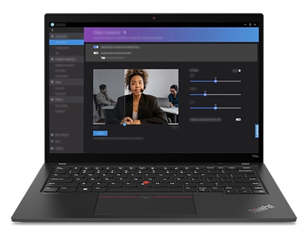 Lenovo ThinkPad T14s laptop: Front view, lid open, with video conference and settings on the display