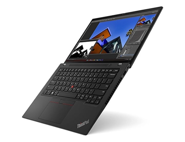 Schwebender, um 180 Grad geöffneter Lenovo ThinkPad T14 Gen 4-Laptop, leicht geneigt, um die Anschlüsse, die Tastatur und das Display auf der rechten Seite zu zeigen.