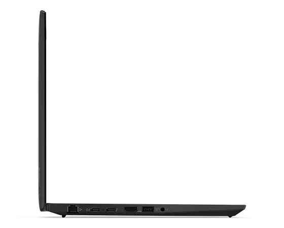 Left-side profile of the Lenovo ThinkPad T14 Gen 4 laptop open 90 degrees.