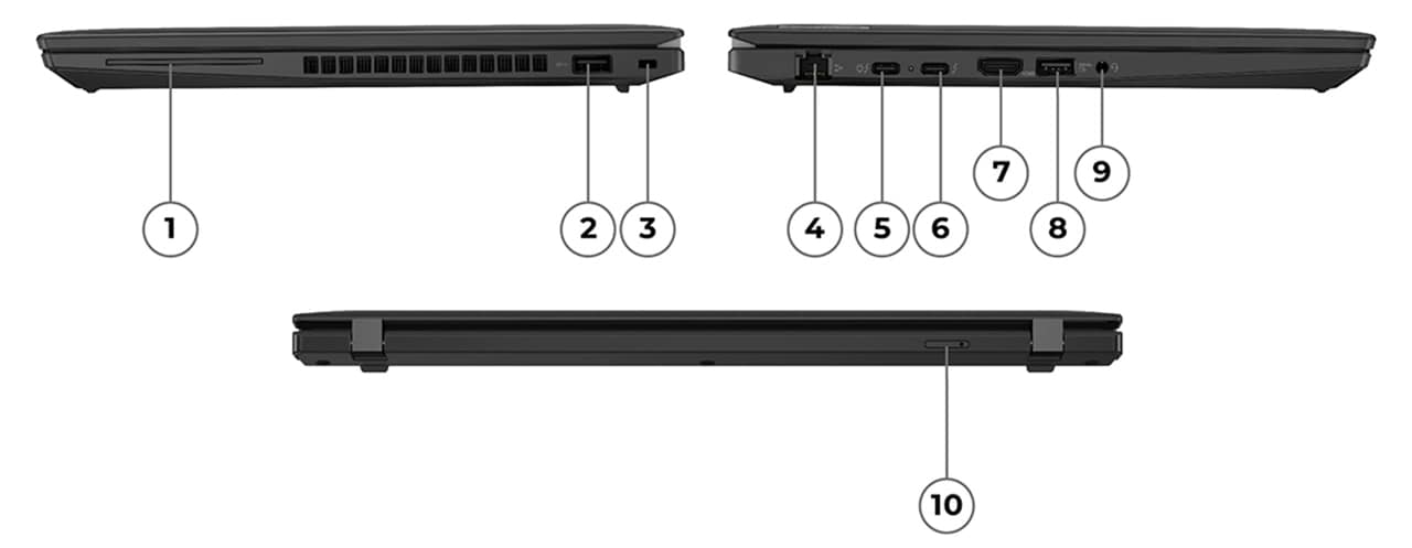 Lenovo ThinkPad T14 Gen 4 ноутбукиның оң, сол және артқы порттары, 1-ден 10-ға дейін нөмірленген.