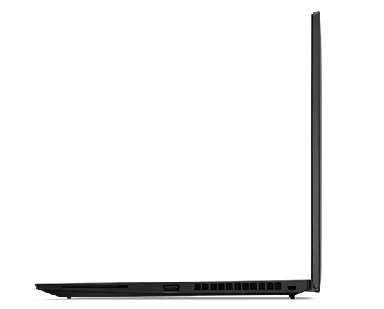 Right-side profile of the Lenovo ThinkPad T14s Gen 4 laptop open 90 degrees. 