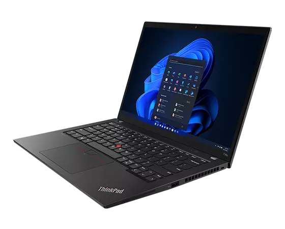 Overhead shot of Lenovo ThinkPad T14s Gen 4 (14ʺ Intel) laptop open 90 degrees, angled to show right-side ports along with keyboard & display.