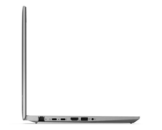 Left-side profile of the Lenovo ThinkPad T14 Gen 4 laptop in Storm Grey, open 90 degrees.