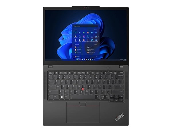 Vista aérea directa del portátil ThinkPad X13 de 4.ª generación abierto en un ángulo de 180 grados, mostrando el teclado y la pantalla