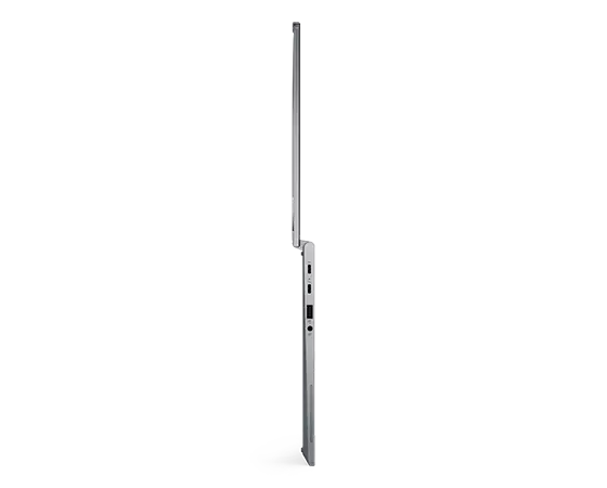 Side view of the slim profile of a ThinkPad X13 Yoga Gen 4 2-in-1 laptop open 180°
