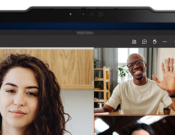 Close-up of a ThinkPad X13 Yoga Gen 4 2-in-1 laptop display as 2 workers begin a virtual meeting
