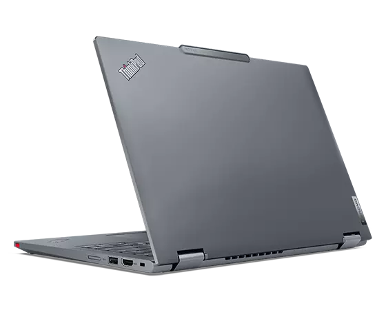 Rear view of a ThinkPad X13 Yoga Gen 4 2-in-1 laptop open 70° highlighting the hinges and some right-side ports